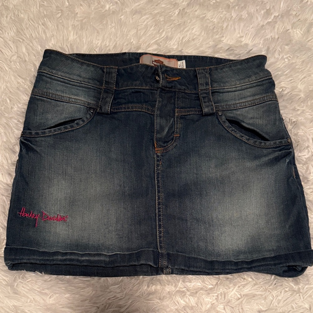 Harley-Davidson Blue Denim Mini Skirt with Pink Logo